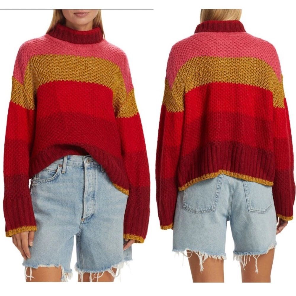 Farm Rio Shiny Stripes Turtleneck Sweater Rainbow Metallic Multi-Color XL New